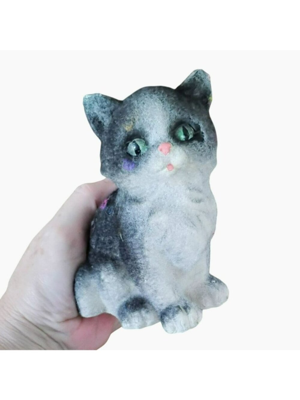 Vintage Flocked Ceramic Cat Figurine With Green Eyes And Pink Nose 5" Tall